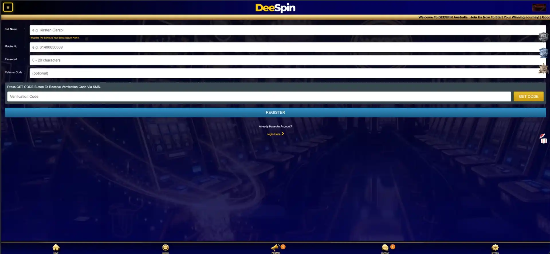 DeeSpin registration form for Australian players