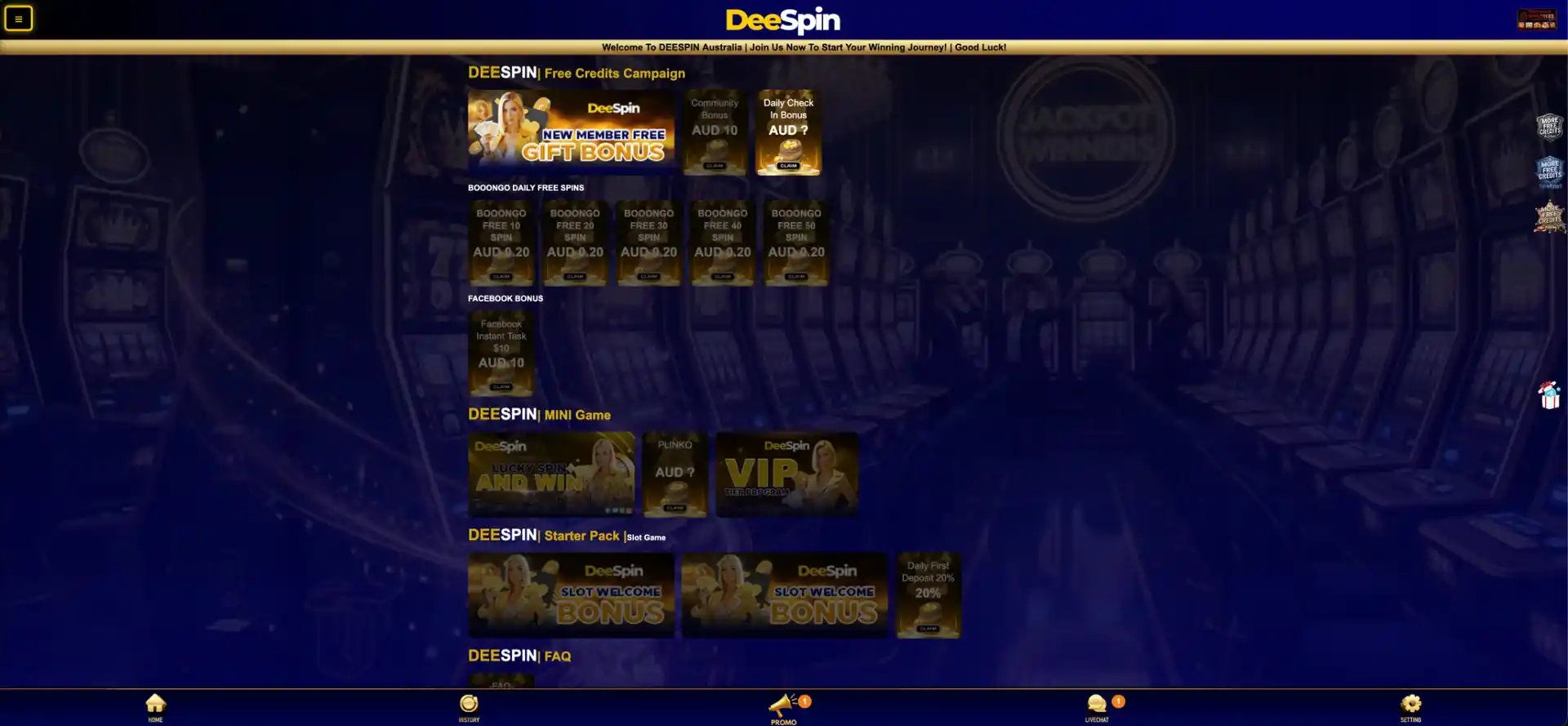 DeeSpin AUD 28 free credit campaign