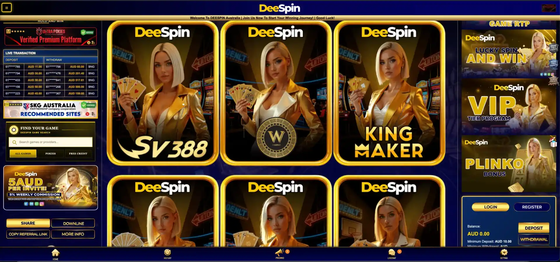 DeeSpin live casino lobby and navigation