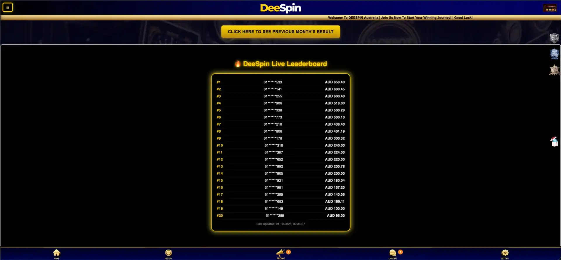 DeeSpin live games leaderboard