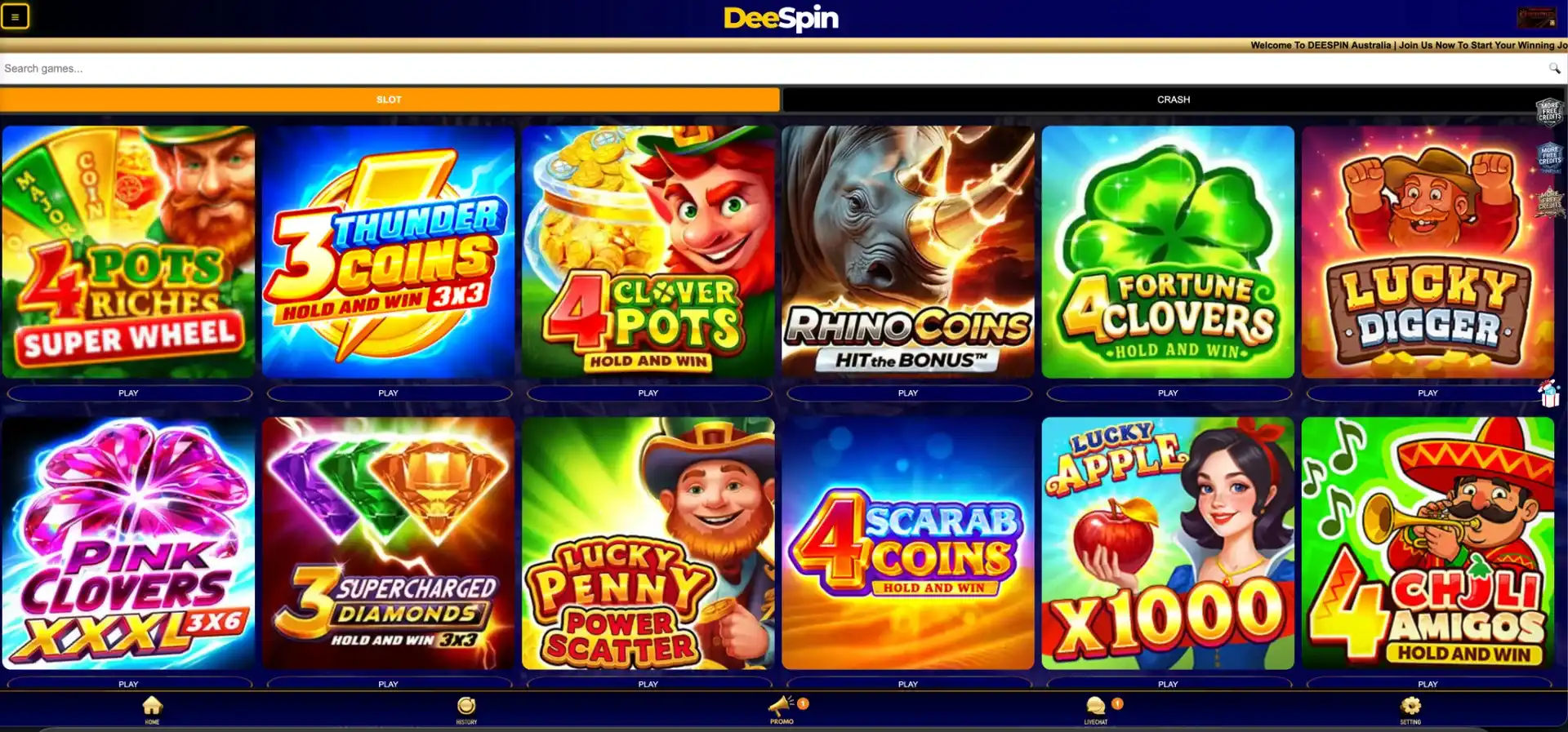 DeeSpin pokies grid and providers