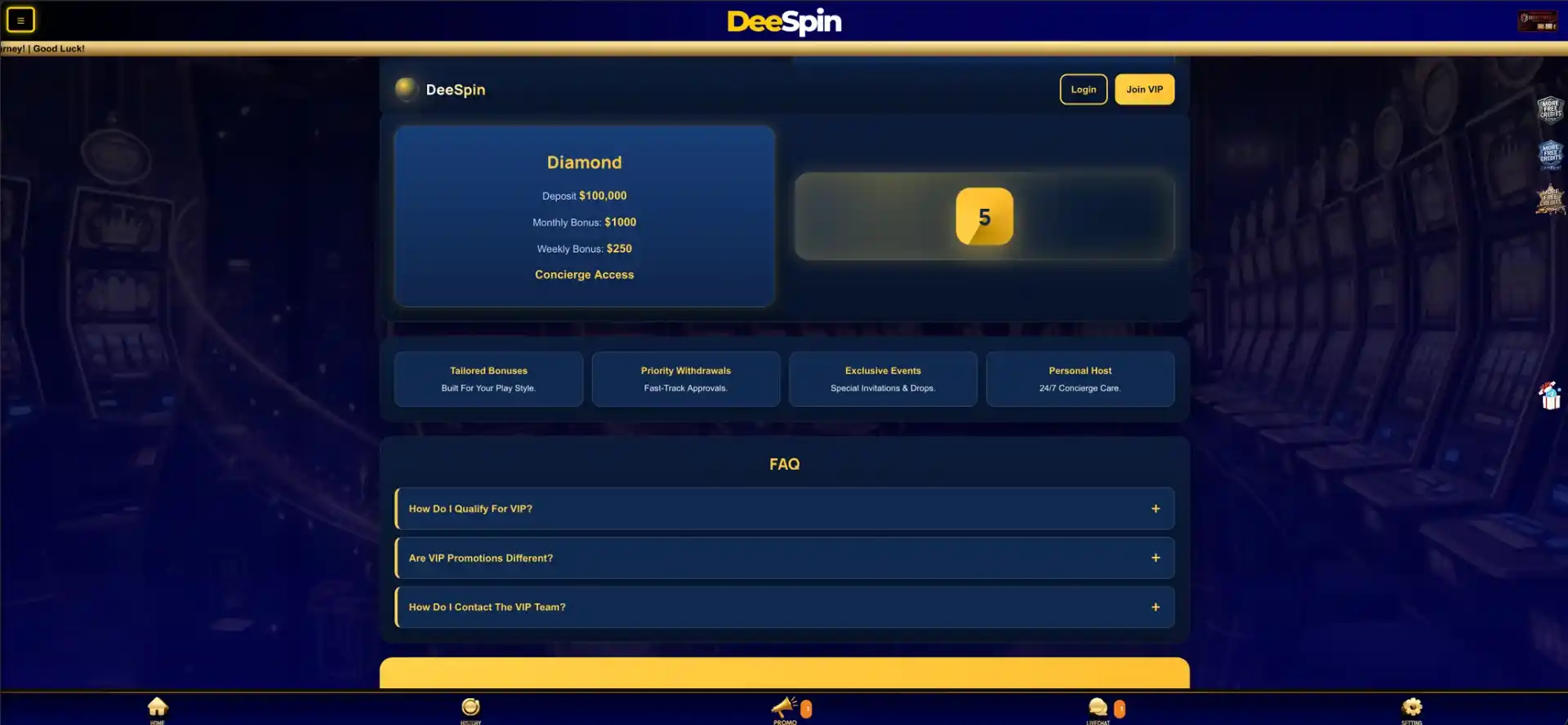 DeeSpin Diamond VIP Lounge details