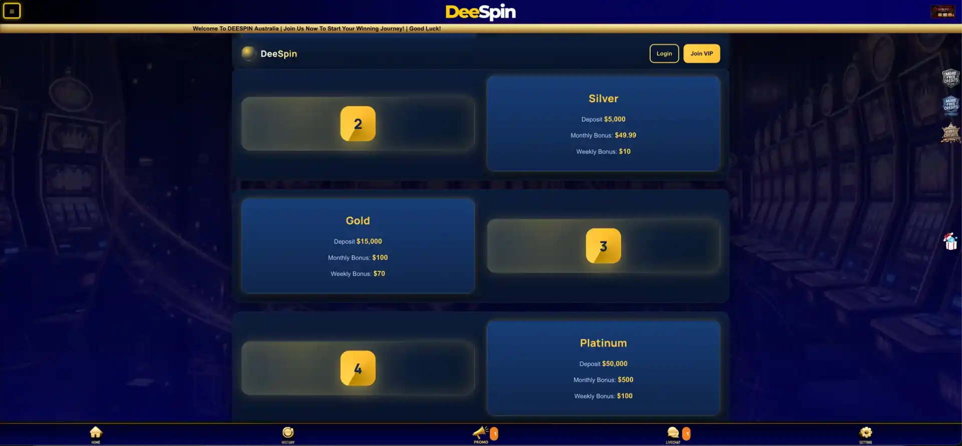 DeeSpin Silver, Gold and Platinum VIP levels